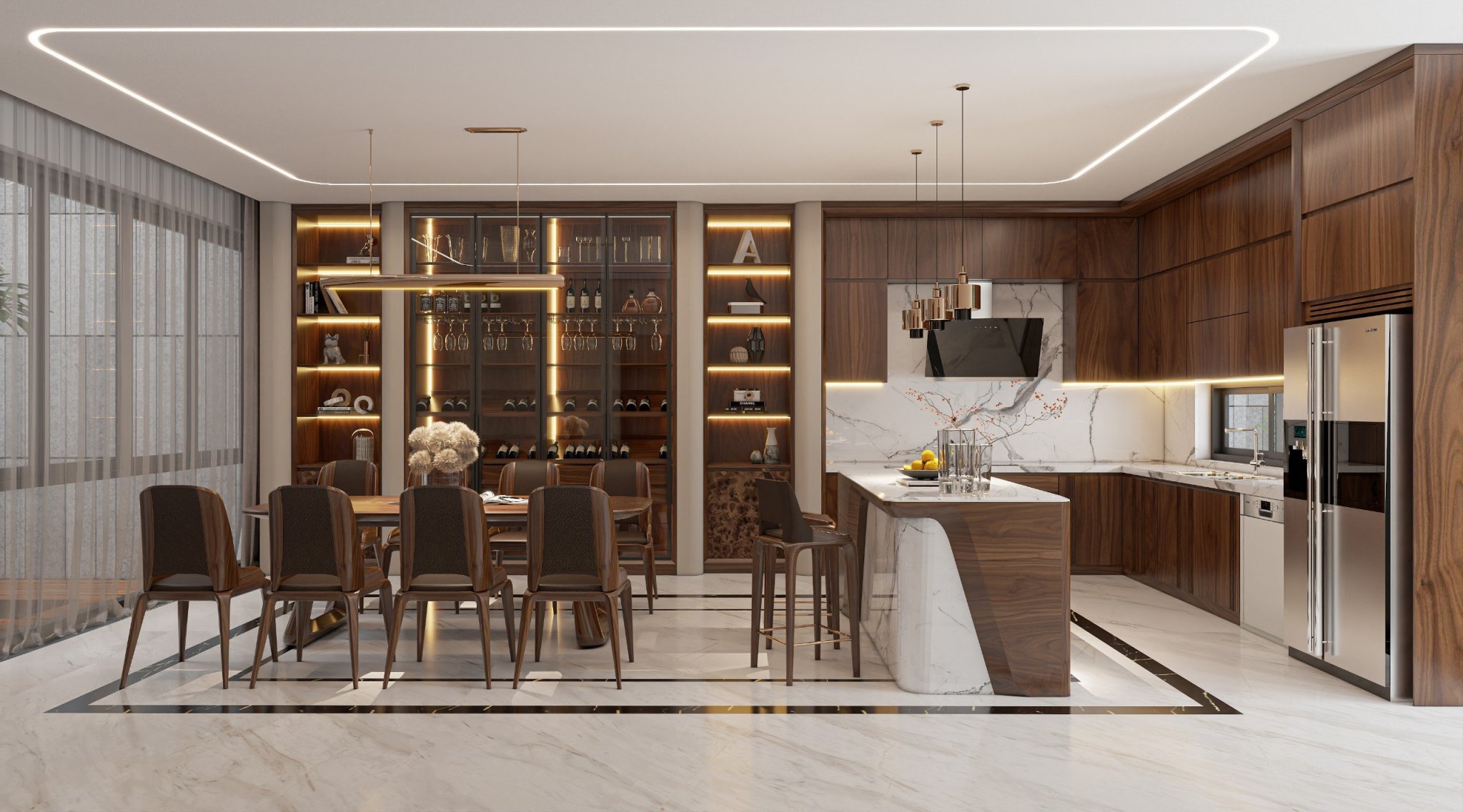 Nội thất nhà phố gỗ óc chó